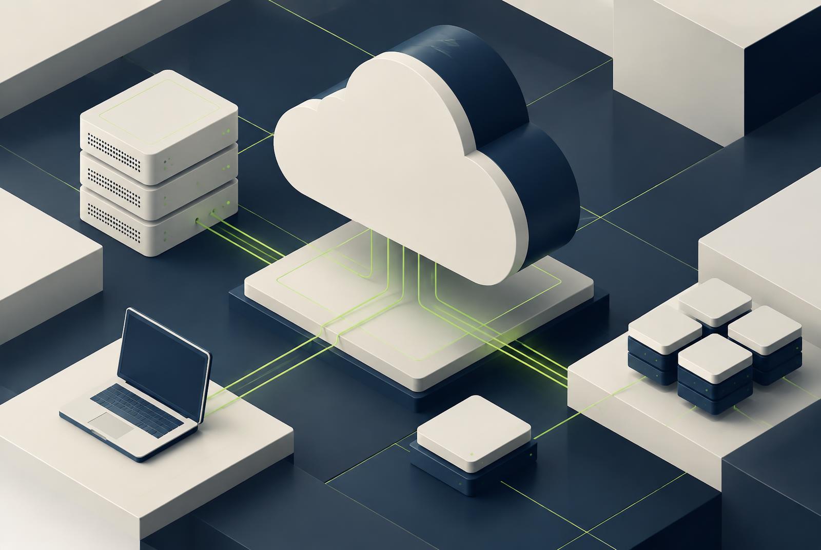 Abstract isometric illustration of cloud infrastructure with ivory servers and devices connected by fine lime lines on a dark blue ground