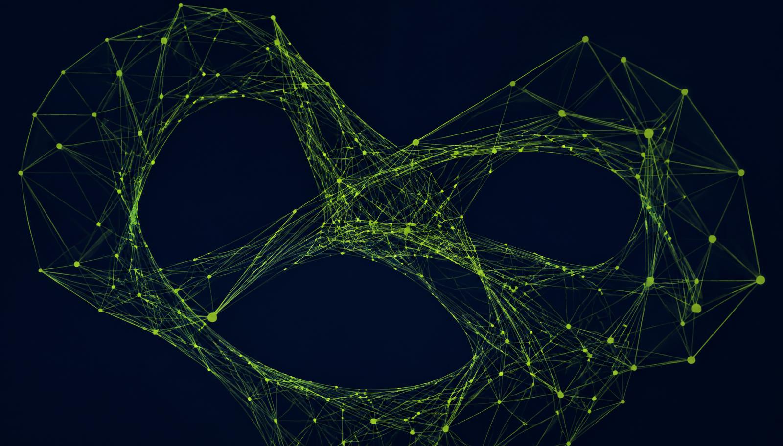 Abstract network mesh of fine lime green lines and nodes forming looping forms on a deep midnight blue background